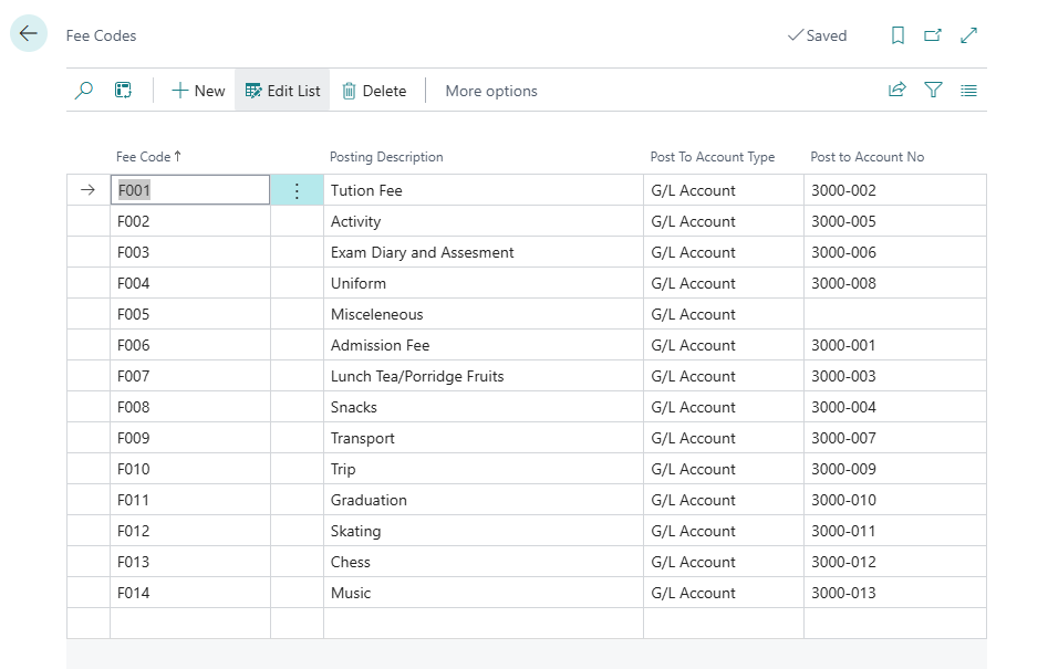 Fee codes configuration in the Trimline school management system